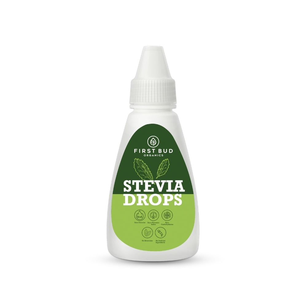 First Bud Organics Stevia Drops bottle, natural liquid sweetener, zero calorie, sugar free, low glycemic, plant based, healthy sugar alternative