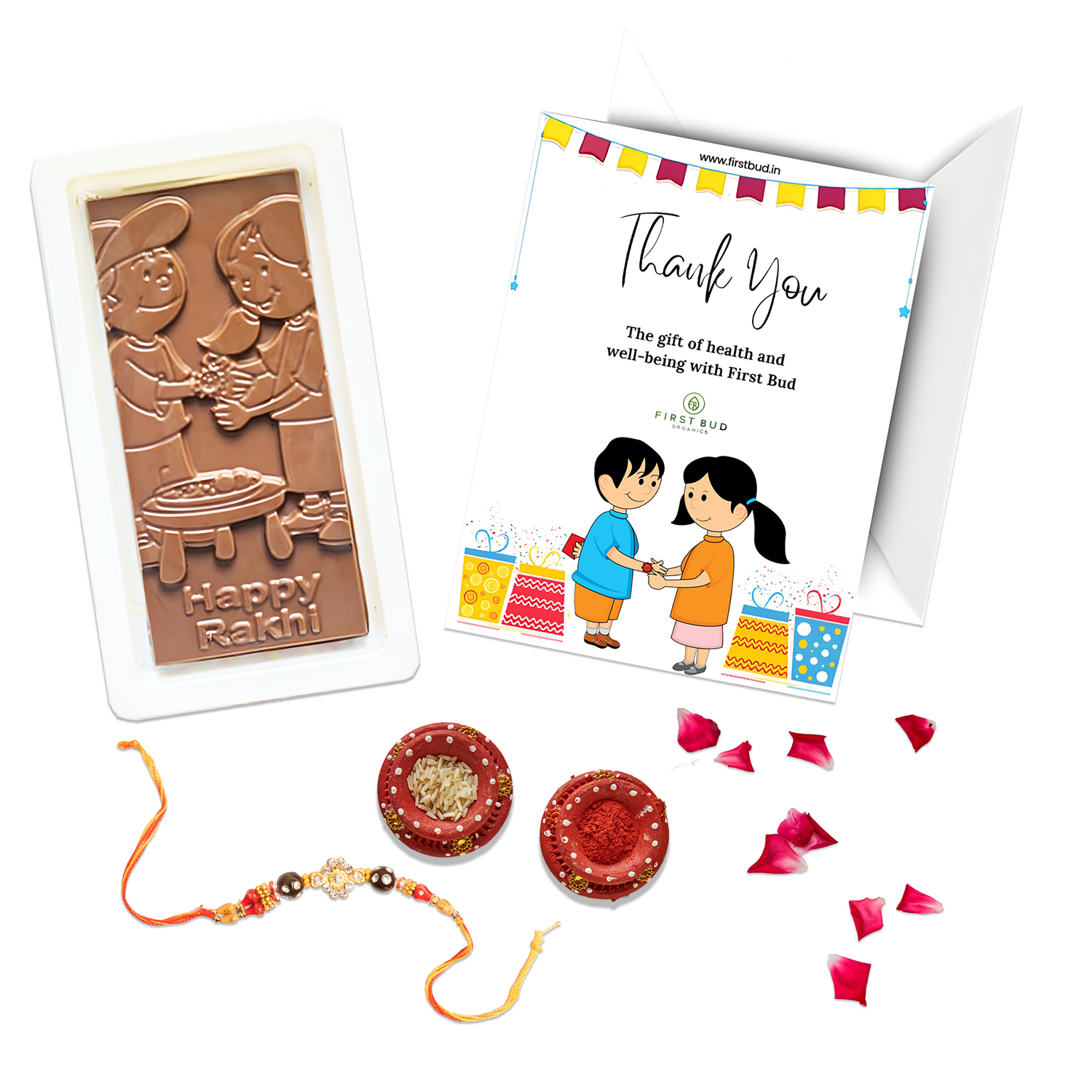 Rakhi Gift Hamper - Handmade Chocolates, Rakhi, Roli, Chawal & Card