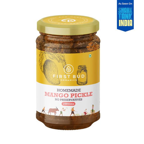 First Bud Organics homemade mango pickle, traditional Indian achar made without preservatives, rich in authentic flavor and crafted from natural ingredients