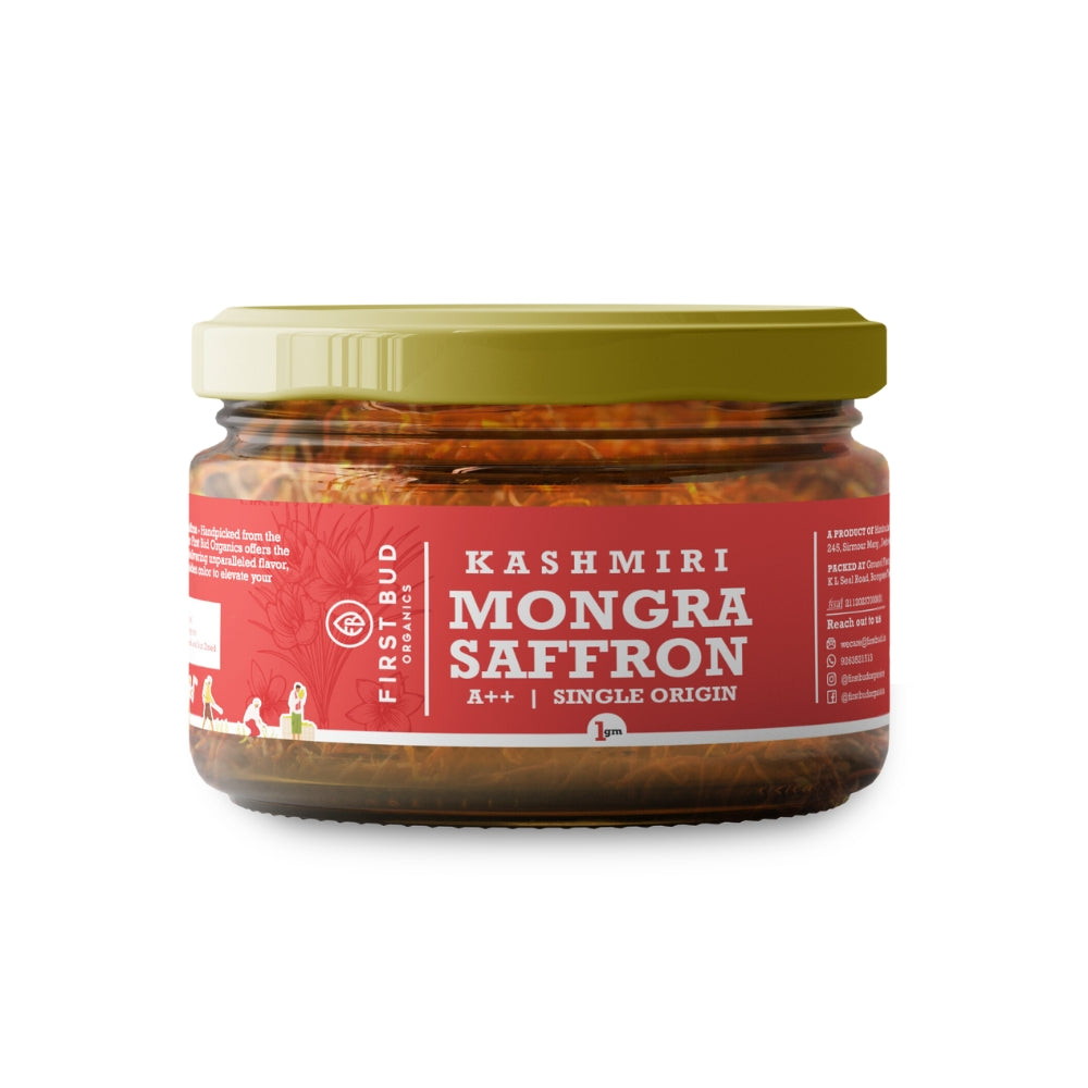kashmiri mongra saffron jar back label, premium kesar strands packaging, organic saffron details, origin purity information, luxury spice product, first bud organics
