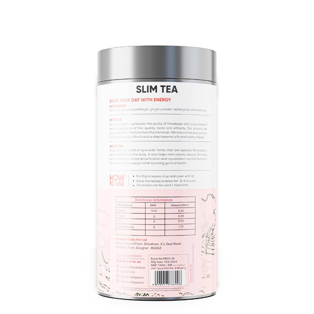First Bud Slim Tea packaging back label, herbal ingredients details, detox tea nutrition facts, organic weight loss tea, brewing instructions