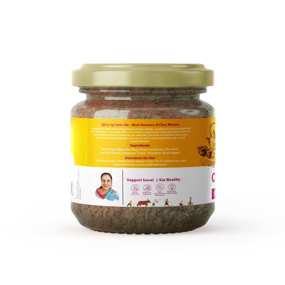 First Bud chai masala jar, organic spice blend, Indian masala tea mix, herbal formulation, homemade chai masala, aromatic spice powder, premium tea spices
