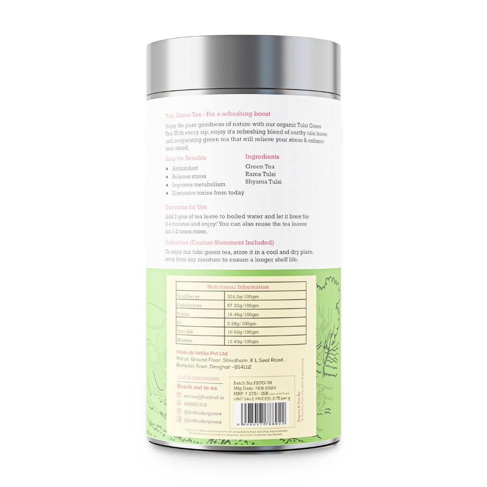 tulsi green tea container back label, herbal tea ingredients and nutrition facts, organic tulsi blend details, brewing instructions, healthy antioxidant tea product