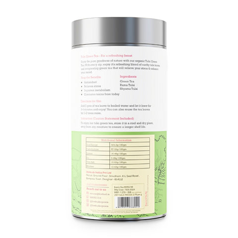 tulsi green tea container back label, herbal tea ingredients and nutrition facts, organic tulsi blend details, brewing instructions, healthy antioxidant tea product