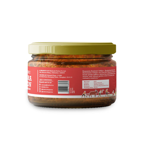 kashmiri mongra saffron jar back label, premium kesar strands packaging, organic saffron details, origin purity information, luxury spice product, first bud organics