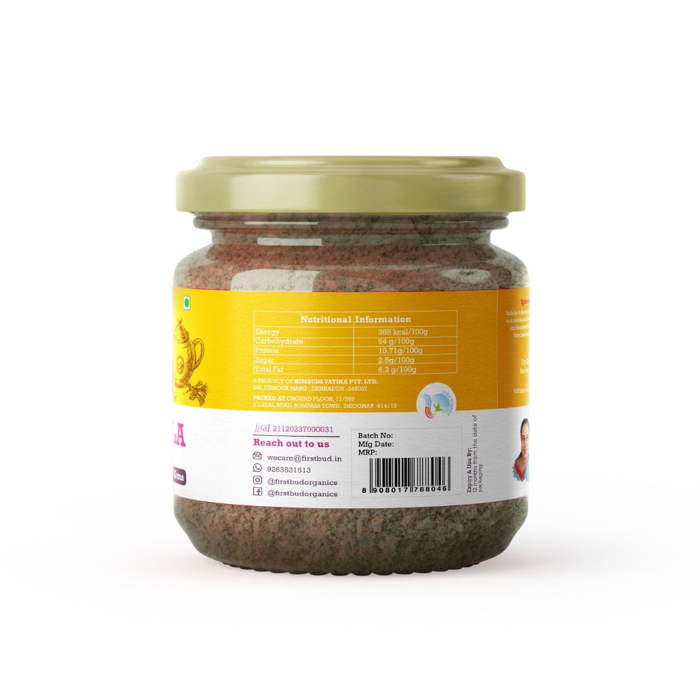 First Bud chai masala nutrition label, spice blend jar back view, Indian masala mix details, organic chai masala ingredients, healthy tea spice blend packaging