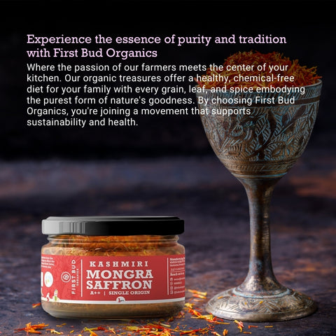 kashmiri mongra saffron jar premium kesar strands, organic spice purity, rich aroma flavor, luxury saffron product, sustainable farming, first bud organics
