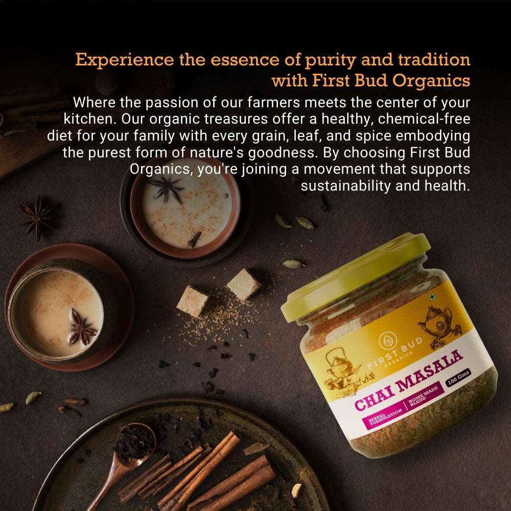 First Bud chai masala with spices, organic chai blend, Indian masala tea ingredients, aromatic herbal tea mix, natural spice blend, healthy chai beverage
