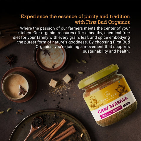 First Bud chai masala with spices, organic chai blend, Indian masala tea ingredients, aromatic herbal tea mix, natural spice blend, healthy chai beverage
