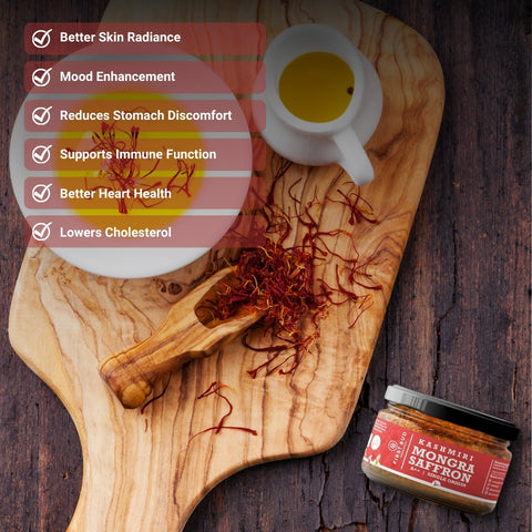 kashmiri mongra saffron strands with tea, premium kesar benefits, skin radiance mood enhancement, immunity support, heart health, natural antioxidant spice
