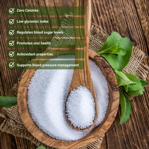 stevia sweetener zero calorie sugar substitute low glycemic natural sweetener regulates blood sugar antioxidant healthy sugar alternative supports oral health blood pressure management