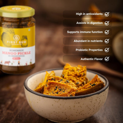 organic mango pickle benefits, probiotic mango pickle India, healthy Indian pickle, aids digestion natural pickle, antioxidant rich pickle, immune boosting foods India, traditional fermented pickle, homemade mango achar benefits, nutrient rich Indian condiments, authentic mango pickle flavor, gut health probiotic foods, chemical free pickle India, natural immunity boosting foods, best organic achar online, First Bud mango pickle