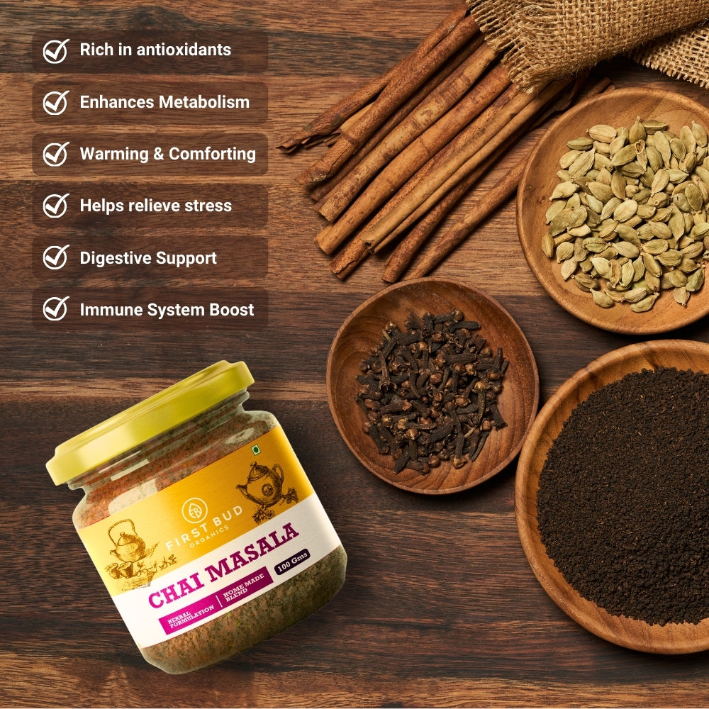 chai masala spices with cinnamon, cardamom and cloves, herbal tea blend benefits, antioxidant rich masala chai, digestive support tea, immunity boosting Indian spices
