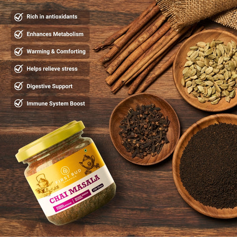 chai masala spices with cinnamon, cardamom and cloves, herbal tea blend benefits, antioxidant rich masala chai, digestive support tea, immunity boosting Indian spices
