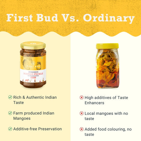 homemade mango pickle jar vs ordinary pickle, authentic indian achar, farm fresh mangoes, preservative free pickle, traditional taste, natural ingredients quality