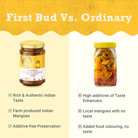 First Bud mango pickle, organic mango pickle India, homemade mango pickle, no preservatives pickle, authentic Indian pickle, farm sourced mangoes, chemical free pickle, traditional Indian achar, premium mango pickle, natural ingredients pickle, additive free food, healthy Indian condiments, best mango pickle online, pure organic achar, artisanal pickle India
