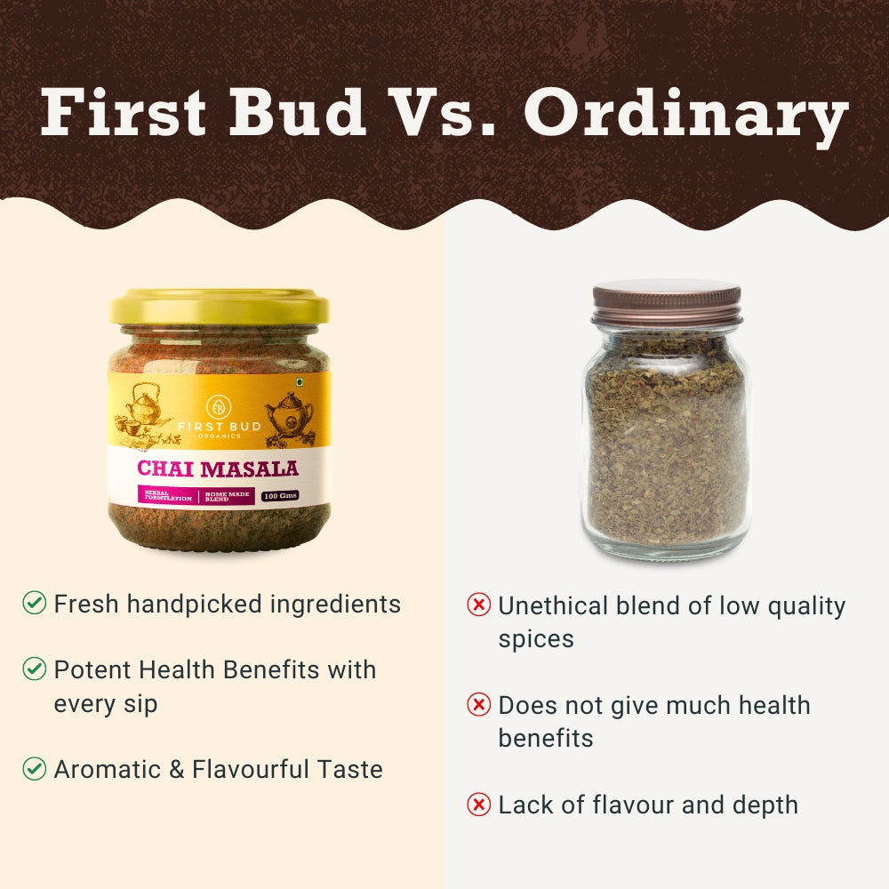 First Bud chai masala vs ordinary spices comparison, premium chai masala jar, fresh handpicked ingredients, aromatic Indian spice blend, healthy tea mix benefits
