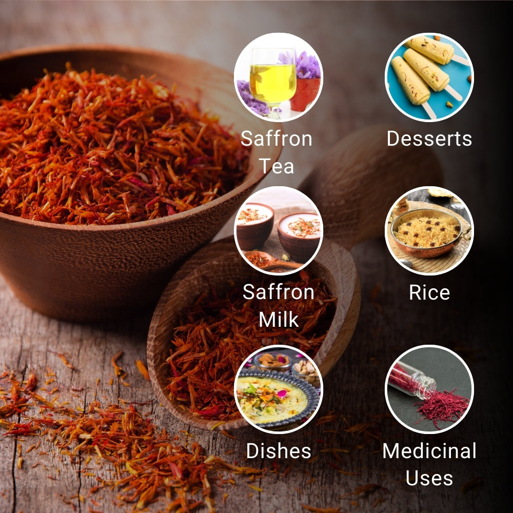 saffron strands in bowl, premium kesar spice, saffron tea and milk uses, dessert ingredient, Indian dishes flavoring, medicinal saffron benefits