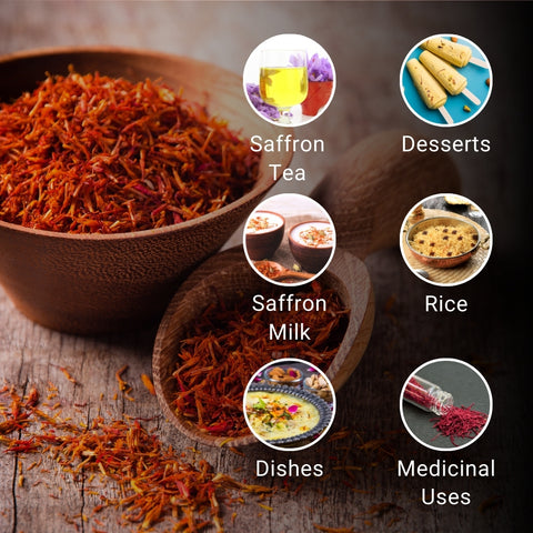 saffron strands in bowl, premium kesar spice, saffron tea and milk uses, dessert ingredient, Indian dishes flavoring, medicinal saffron benefits