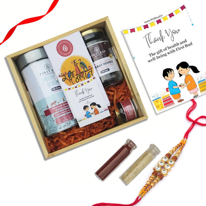 Rakhi Gift Hamper - Lemongrass Mint Herbal Tea, Pahadi Multiflower Honey, Kashmiri Saffron,Chocolates &amp; Rakhi Set