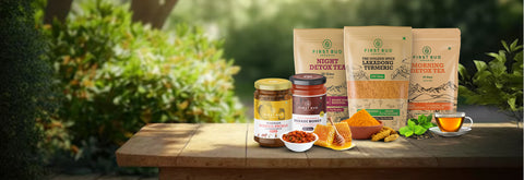 First Bud Organics products, organic food products India, natural wellness products India, herbal detox tea India, morning detox tea benefits, night detox tea India, Lakadong turmeric powder India, organic turmeric high curcumin, raw natural honey India, forest honey and comb honey, homemade mango pickle India, chemical free food products, healthy organic lifestyle India, farm to table organic products, sustainable organic brand India, natural immunity boosting foods, clean eating organic India, premium org
