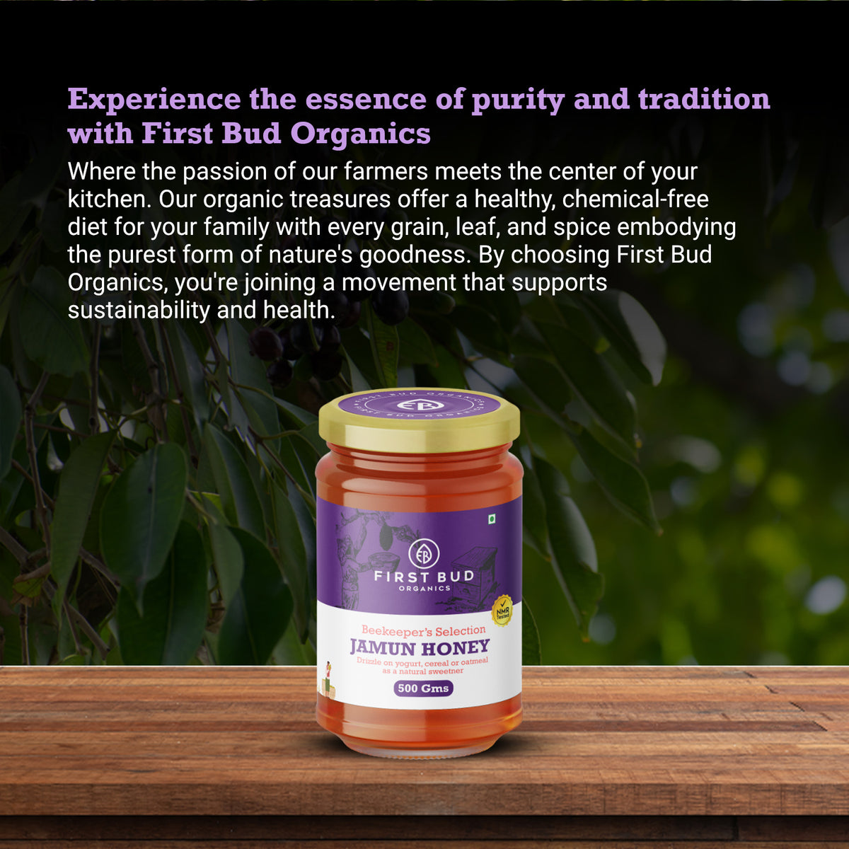 First Bud jamun honey, organic jamun honey India, pure jamun honey 500g, natural honey without preservatives, chemical free honey India, premium beekeeper honey India, raw unprocessed jamun honey, healthy natural sweetener honey, antioxidant rich honey India, immunity boosting honey natural, sustainable beekeeping honey India, forest sourced jamun honey, authentic organic honey brand India, natural wellness honey product, pure honey for daily consumption, artisanal honey India, farm sourced honey 