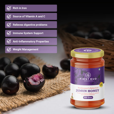Jamun honey benefits, rich in iron honey, vitamin A and C natural source, jamun honey for digestion, immune boosting honey India, anti inflammatory natural honey, honey for weight management, First Bud jamun honey, raw jamun honey India, natural organic honey benefits, pure honey for immunity, healthy natural sweetener honey, beekeeper sourced honey India, premium jamun honey 500g, chemical free honey India