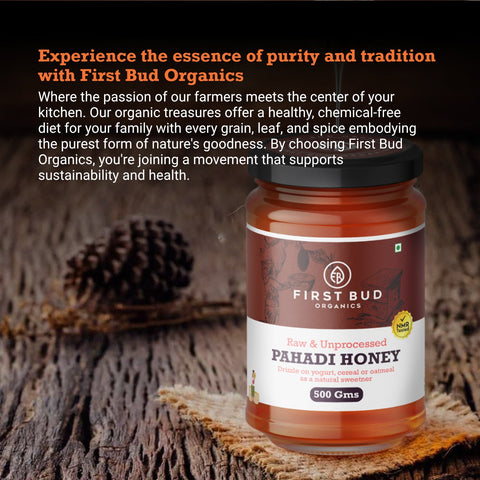 First Bud Organics Pahadi honey jar showcasing raw, unprocessed purity, sourced naturally to support healthy, chemical-free living and sustainable farming
