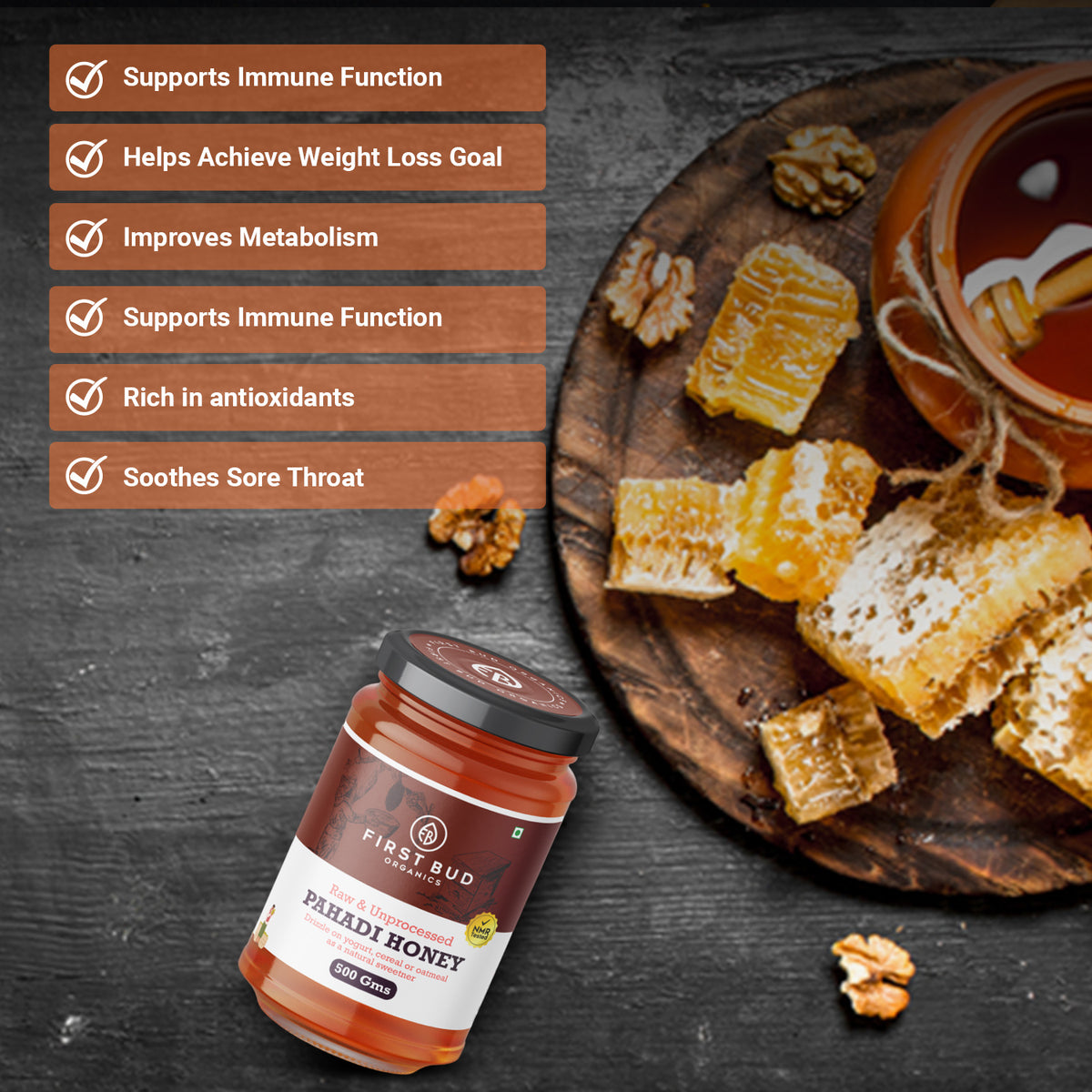First Bud Organics Pahadi Honey 500 gms | Raw &amp; Unprocessed Himalayan Honey