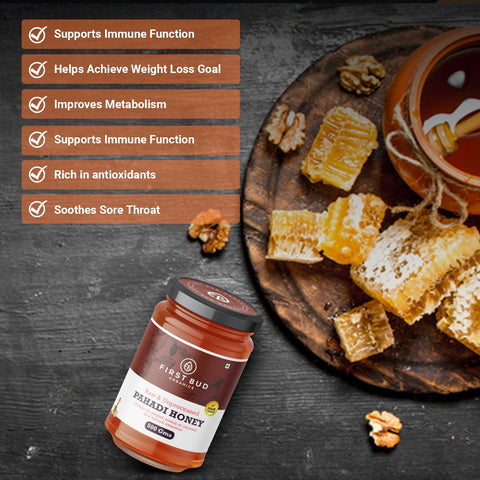 First Bud Pahadi honey with honeycomb highlighting benefits like immunity support, metabolism boost, antioxidants, weight management, and soothing sore throat