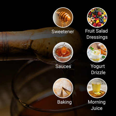 Raw honey being poured as a natural sweetener, ideal for baking, sauces, fruit salads, yogurt drizzle, and healthy morning drinks
