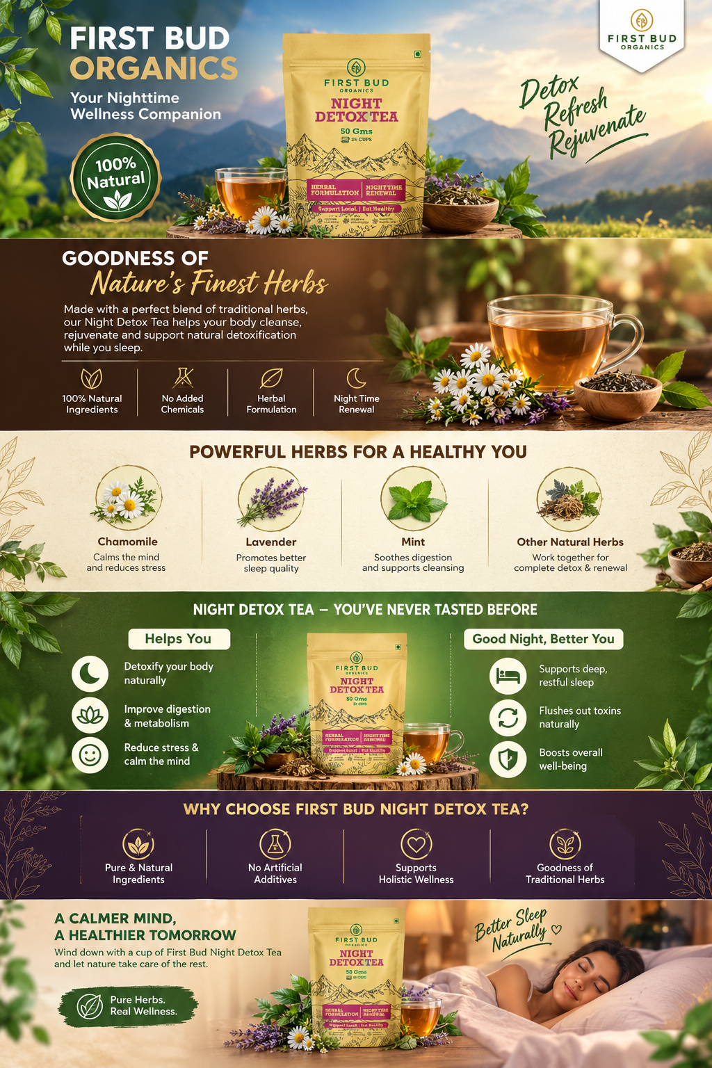First Bud Organics Night Detox Tea 50g | Herbal Sleep & Detox Tea