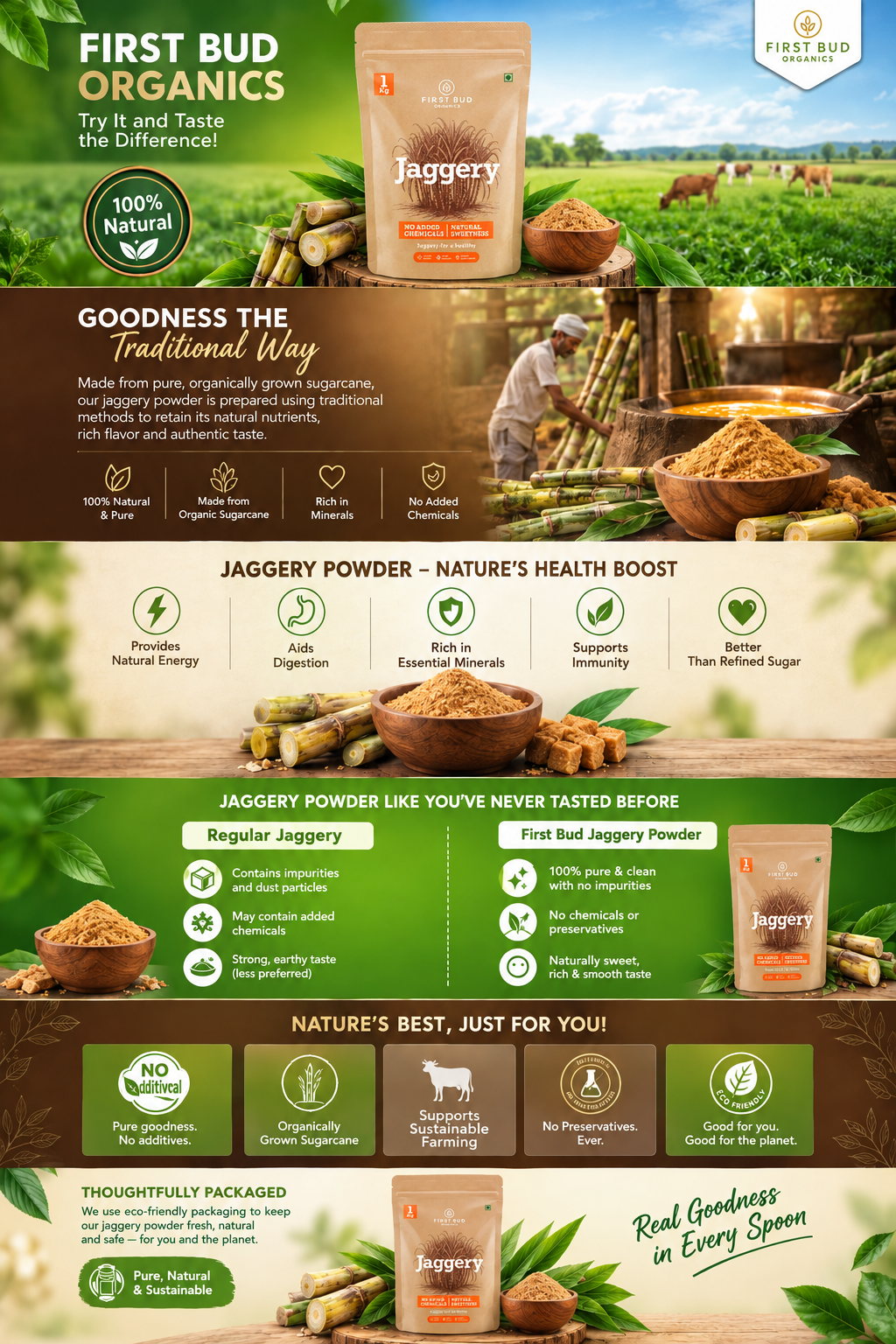 First Bud Organic Jaggery Powder | Pure & Natural Cane Sugar Sweetener