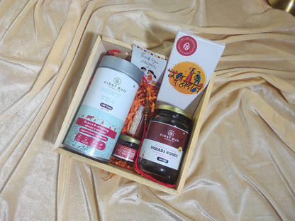 Rakhi Gift Hamper - Lemongrass Mint Herbal Tea, Pahadi Multiflower Honey, Kashmiri Saffron,Chocolates &amp; Rakhi Set