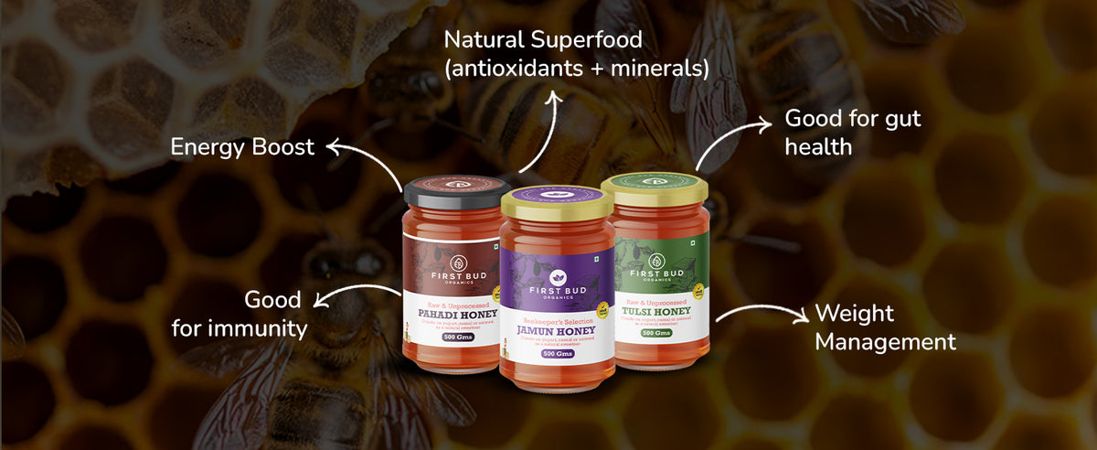 First Bud Organics Pahadi Honey 500 gms | Raw & Unprocessed Himalayan Honey