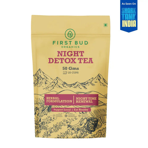 night detox tea India, herbal detox tea for sleep, First Bud Organics tea, night time herbal tea blend, natural detox tea India, weight loss herbal tea night, metabolism boosting tea India, caffeine free detox tea, relaxing bedtime tea herbs, organic herbal tea India, detox tea for digestion, ayurvedic night tea blend, sleep support herbal tea, clean label detox tea India, herbal wellness tea India

