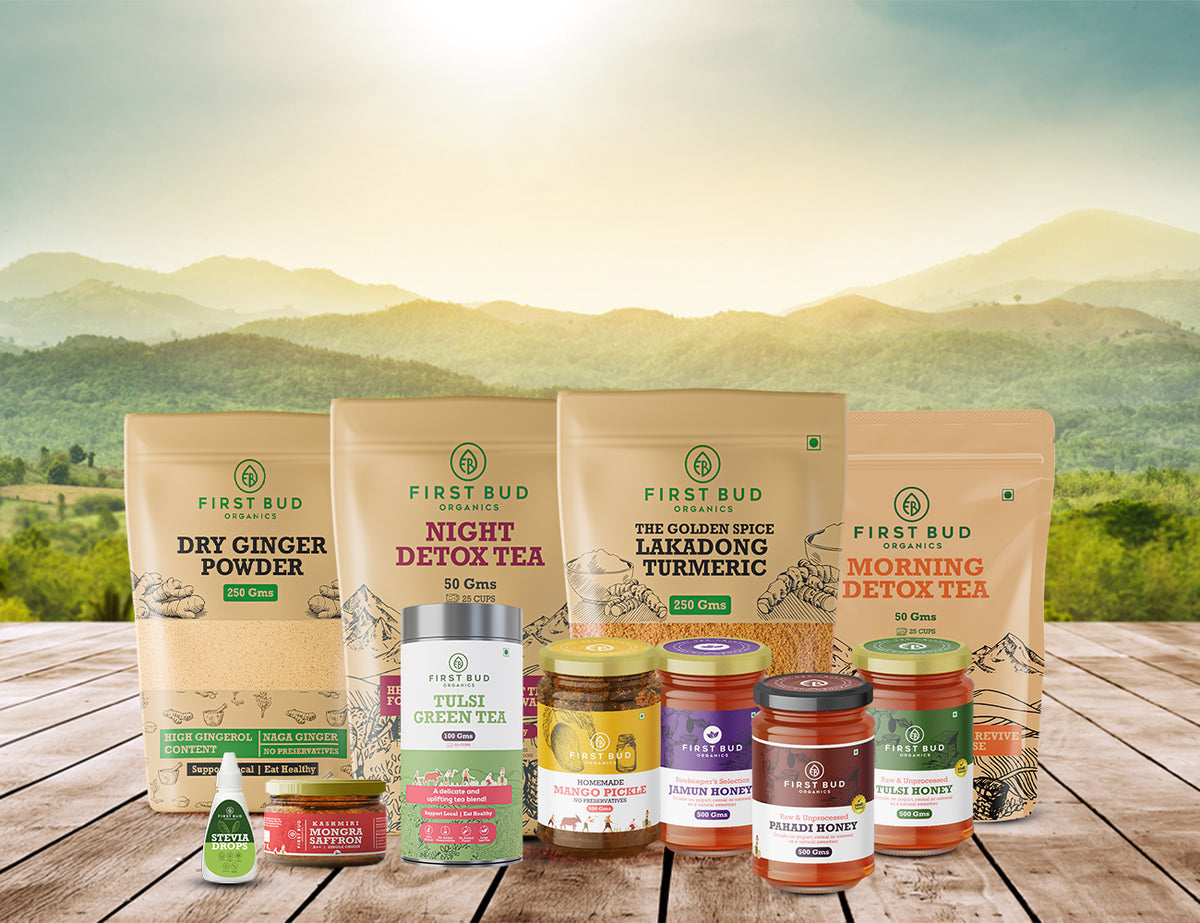 First Bud Organics products, organic food products India, farm fresh organic India, natural wellness products India, herbal detox tea India, morning detox tea benefits, night detox tea India, Lakadong turmeric high curcumin India, dry ginger powder organic India, tulsi green tea India, raw honey varieties India, jamun honey benefits India, tulsi honey natural India, pahadi honey pure India, homemade mango pickle organic, stevia natural sweetener India, saffron premium India organic, chemical free food produ