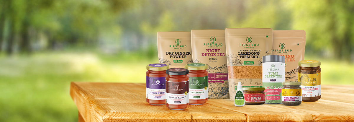 organic product range India, First Bud Organics products, natural food and wellness products, organic honey turmeric tea, healthy grocery essentials India, farm fresh organic brand, clean eating lifestyle products, herbal tea honey collection, organic pantry staples India, chemical free food items, immunity boosting natural foods, ayurvedic wellness products India, organic spices and herbs, sustainable food brand, natural detox and wellness range, premium organic groceries India, healthy living essentials, 
