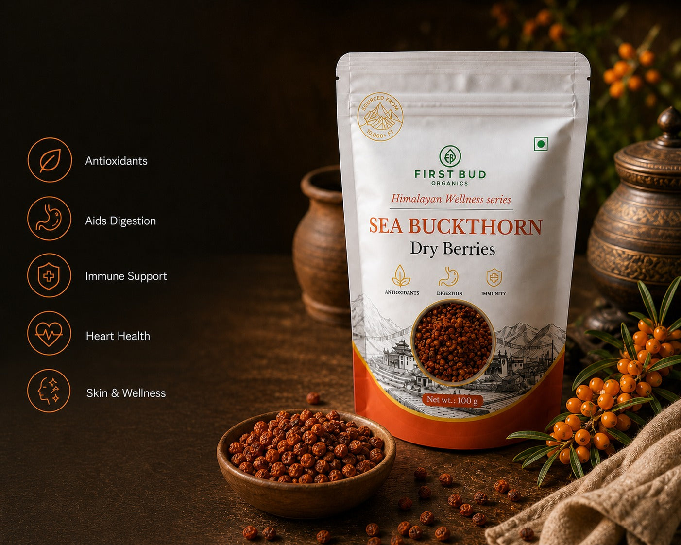 Organic Sun Dried Sea Buckthorn Berries (100g)
