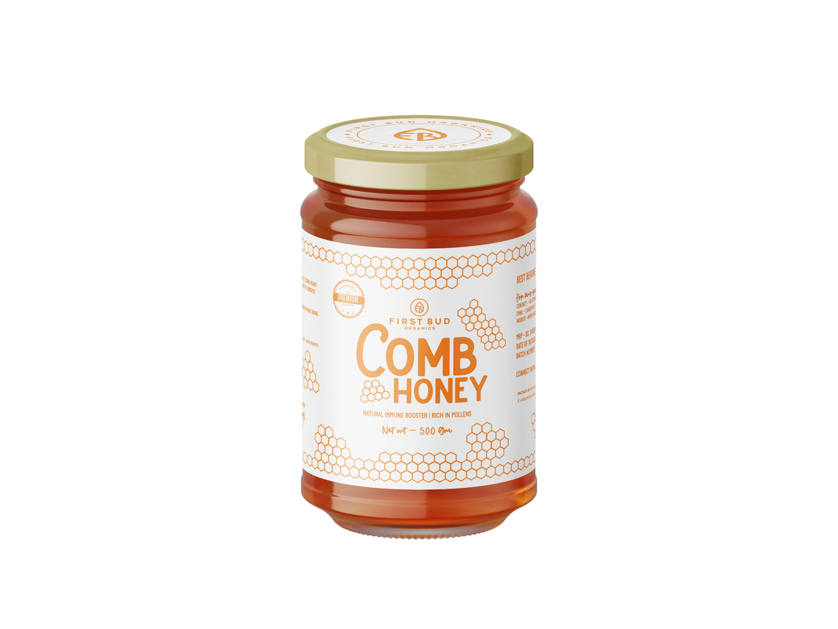 comb honey India, raw comb honey jar, natural honey with honeycomb, organic honey India, pure unprocessed honey, immunity boosting honey India, rich in pollen honey, premium honey jar India, natural sweetener healthy honey, farm fresh honey India, authentic organic honey brand, golden honeycomb honey, chemical free natural honey, best raw honey India, First Bud comb honey