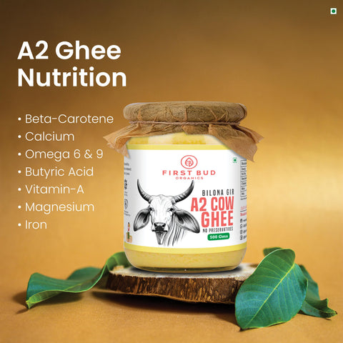 First Bud A2 Gir ghee nutrition chart with jar in centre